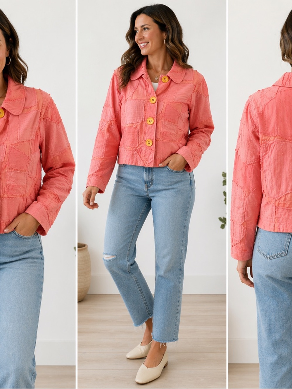 Life Style Patchwork Jacket Women’s M Coral Boho Raw Edge Cropped Coat 19x21 - Picture 2 of 8